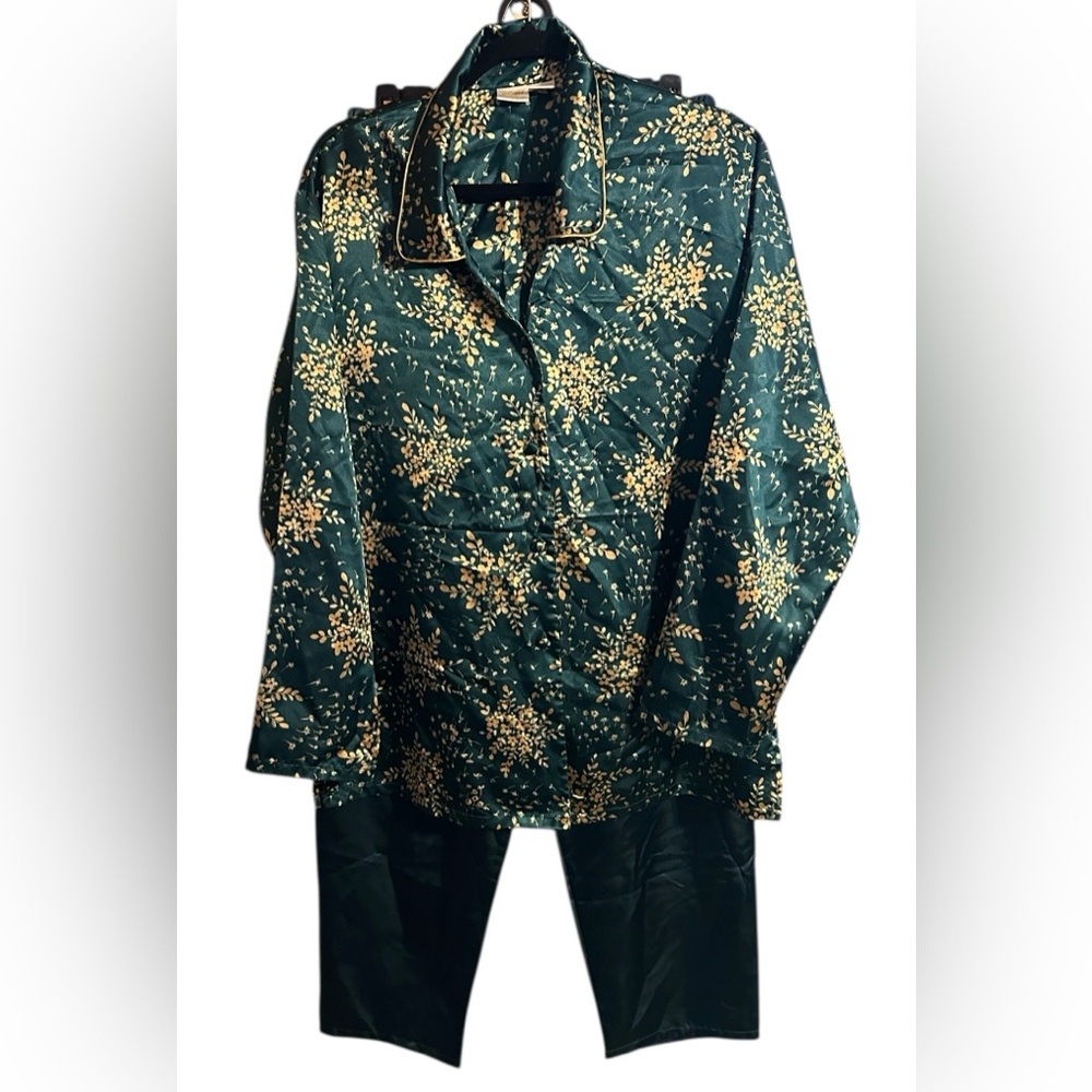 Vintage 80-90s Galligan O’Malley Satin Pajama Set Floral Green Gold Sz Large